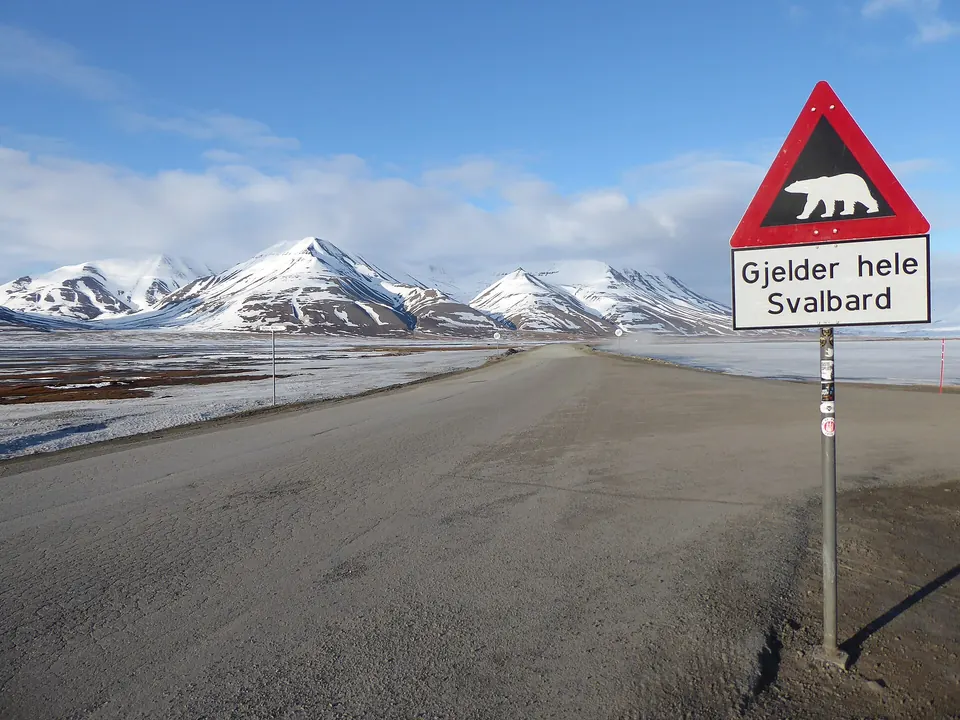 Warnschild mit Eisbär an einer Straße außerhalb von Longyearbyen